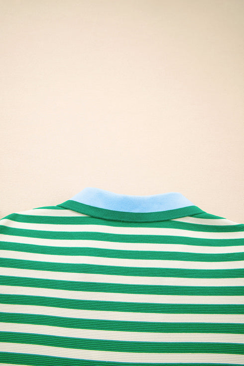 Preppy Stripe Contrast Collar Split Neck Flutter Sleeve T Shirt Dress